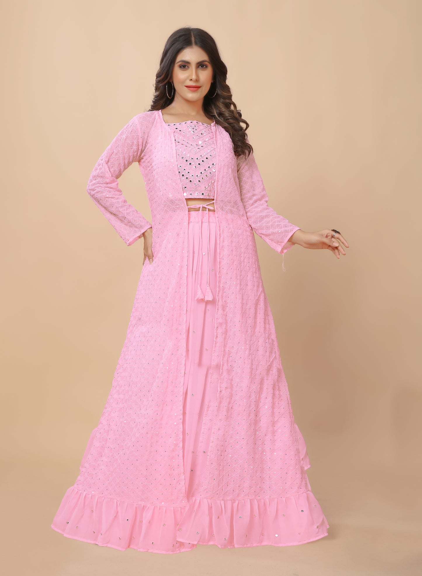 Exclusive Trendy Look Baby Pink Coloured Top and Bottom with Embroidered Worked Shrug