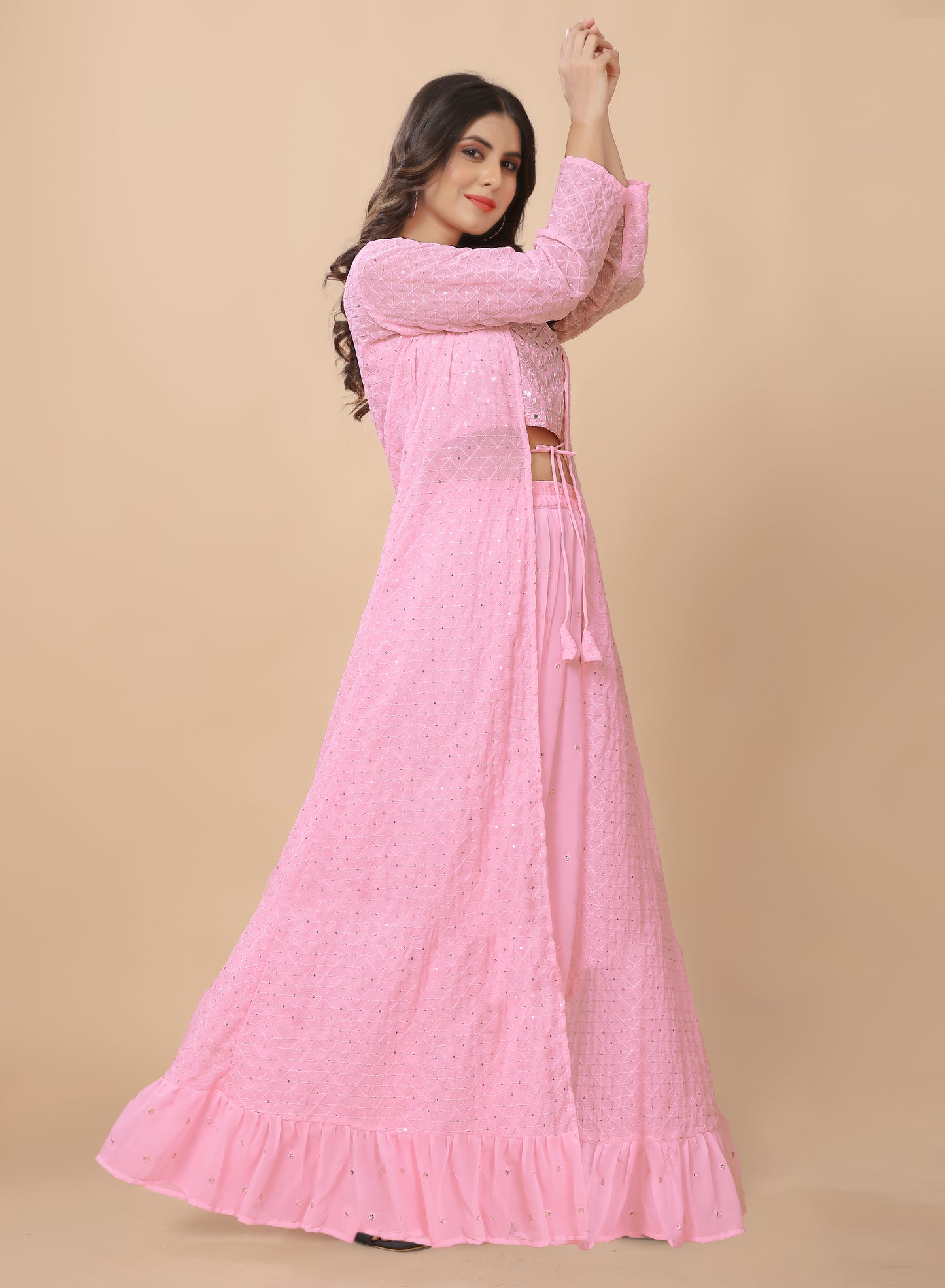 Exclusive Trendy Look Baby Pink Coloured Top and Bottom with Embroidered Worked Shrug