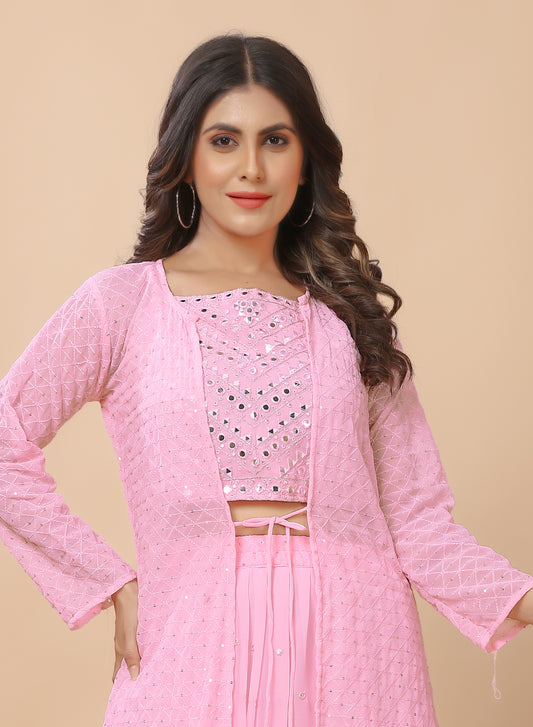 Exclusive Trendy Look Baby Pink Coloured Top and Bottom with Embroidered Worked Shrug