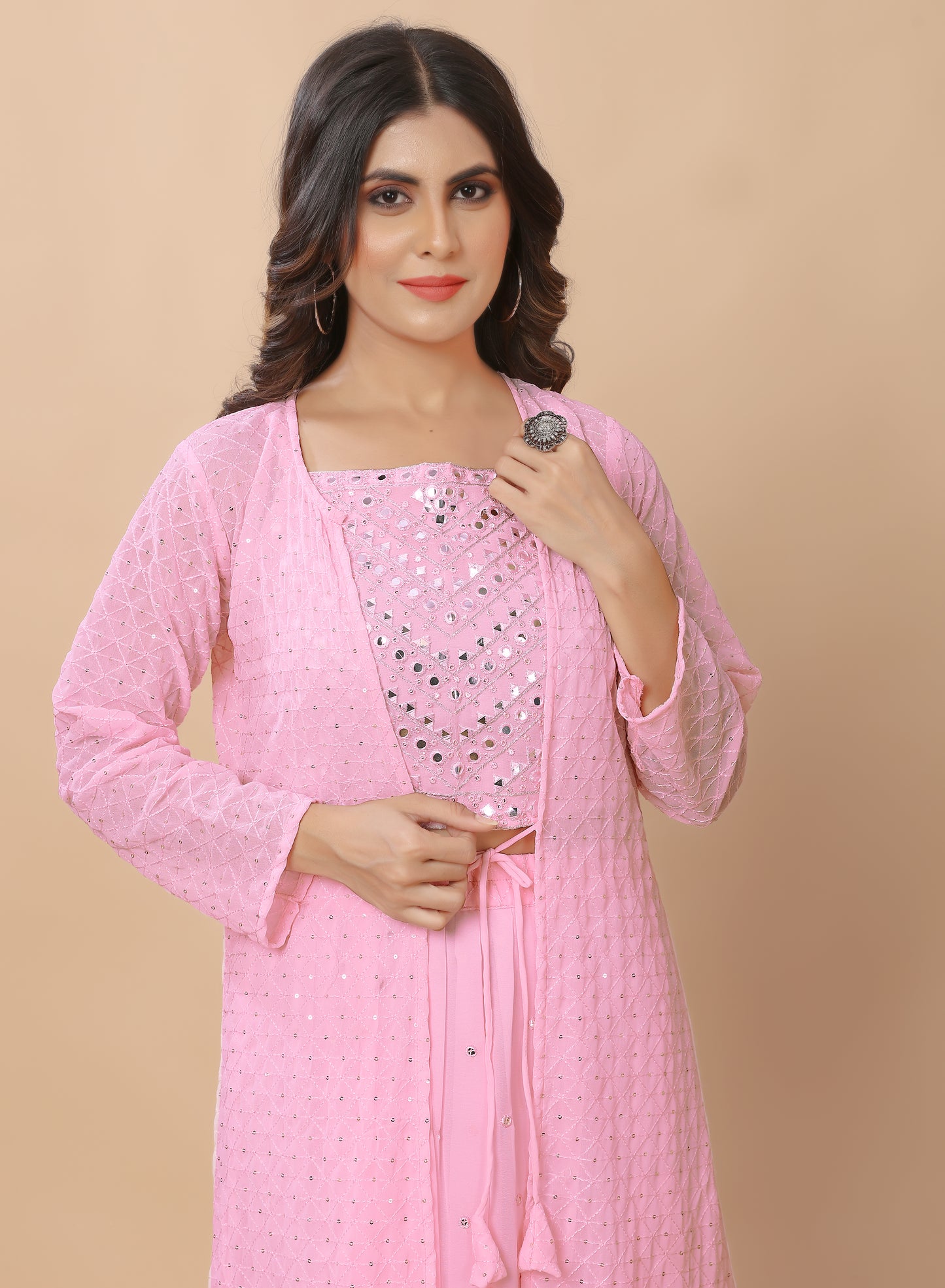 Exclusive Trendy Look Baby Pink Coloured Top and Bottom with Embroidered Worked Shrug